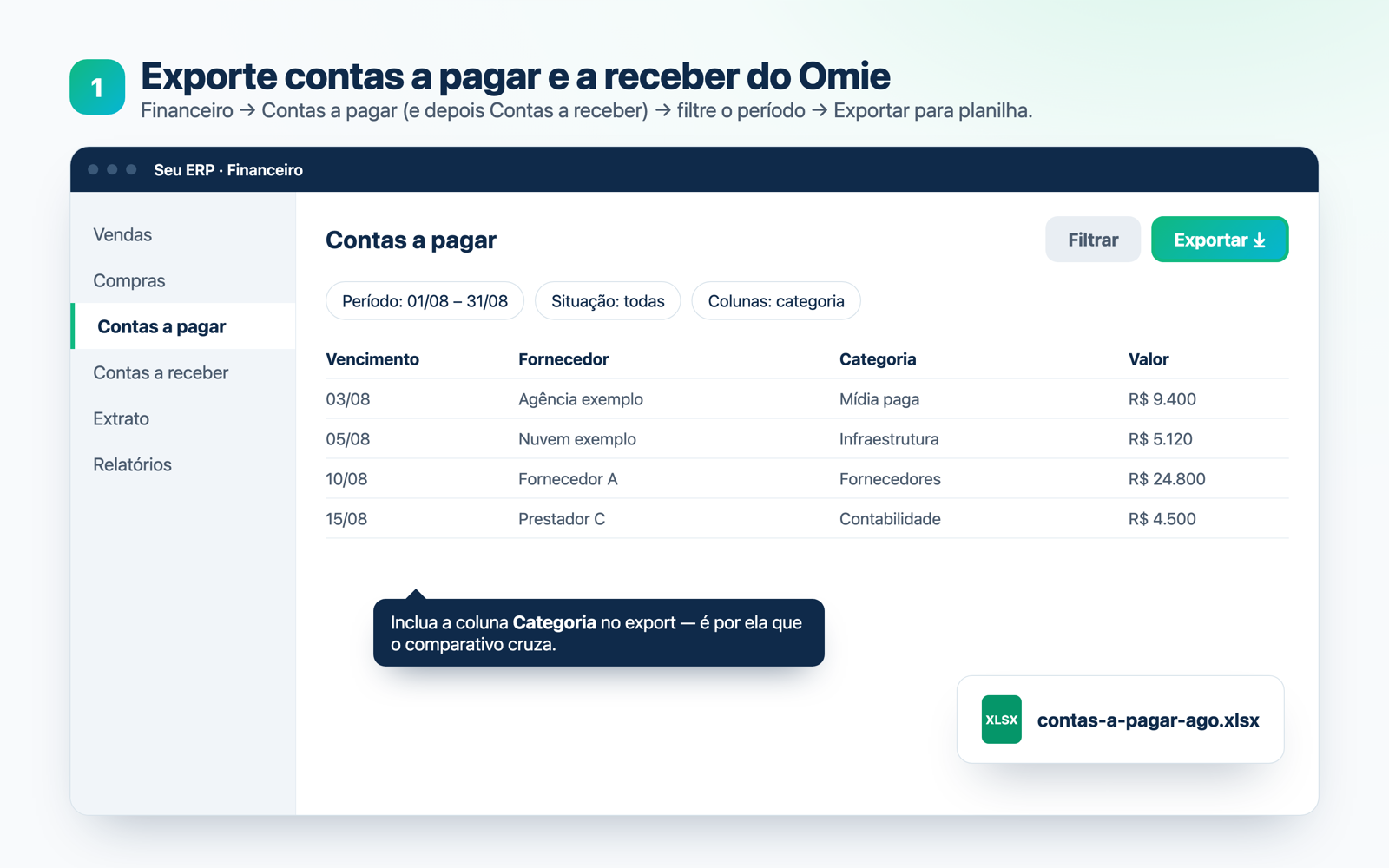 Tela de contas a pagar de um ERP com o botão Exportar em destaque e o arquivo XLSX gerado